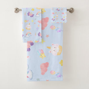 Cute pink sweet cupcake unicorn rainbow Pattern Bath Towel Set