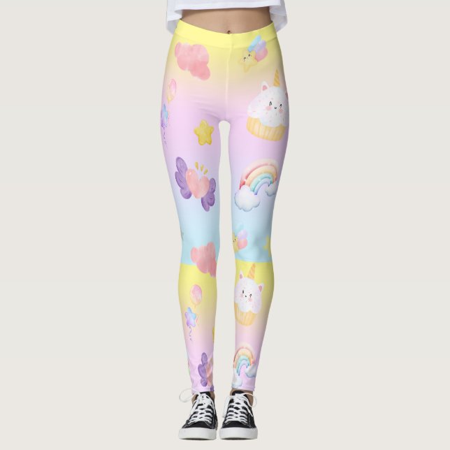 Cute pink sweet cupcake unicorn rainbow Pattern  Leggings (Front)