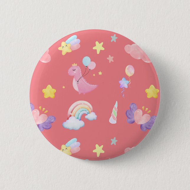 Cute pink sweet dinosaur rainbow balloon Pattern  2 Inch Round Button (Front)
