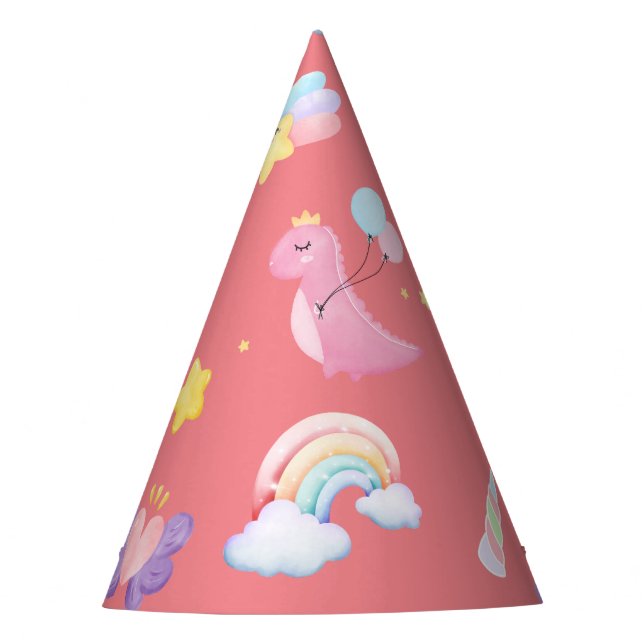 Cute pink sweet dinosaur rainbow balloon Pattern  Party Hat (Front)