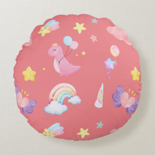 Cute pink sweet dinosaur rainbow balloon Pattern  Round Pillow