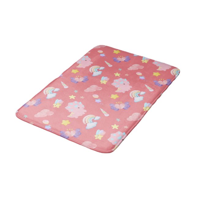 Cute pink sweet dinosaur rainbow pastel Pattern Bath Mat (Angled)