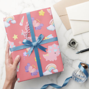 Cute pink sweet dinosaur rainbow pastel Pattern Wrapping Paper