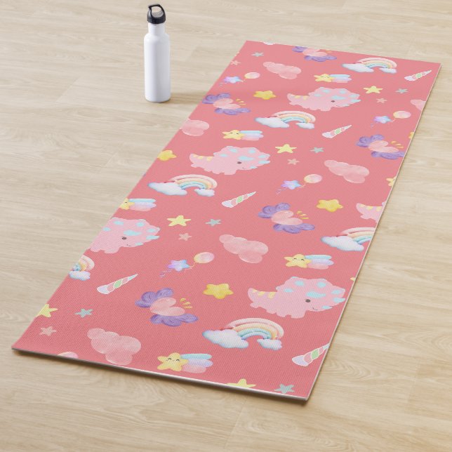 Cute pink sweet dinosaur rainbow pastel Pattern Yoga Mat (In Situ)