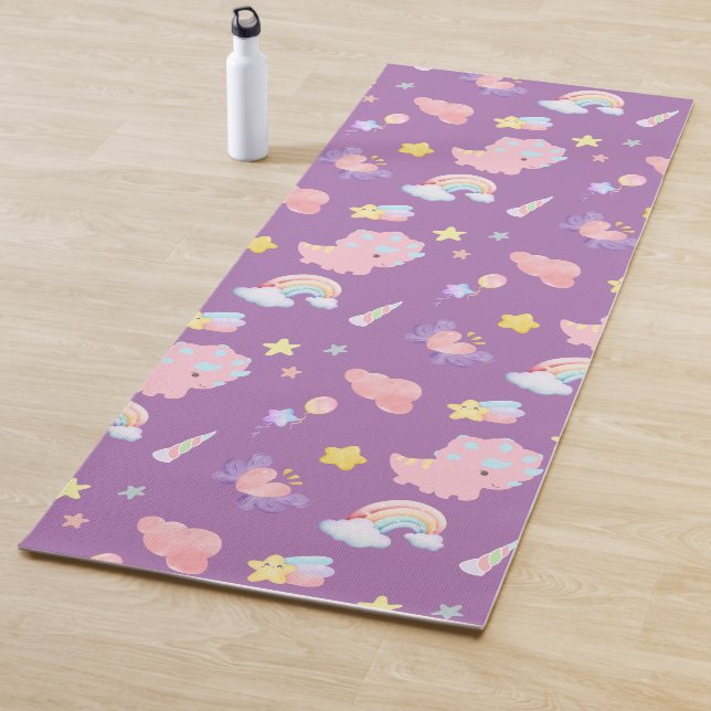 Cute pink sweet dinosaur rainbow pastel Pattern Yoga Mat (In Situ)