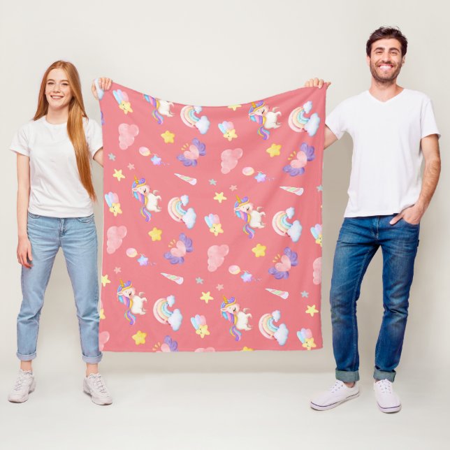 Cute pink sweet unicorn rainbow Balloon Pattern Fleece Blanket (In Situ)