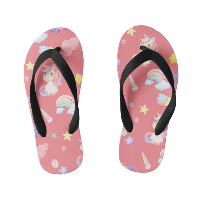 Cute pink sweet unicorn rainbow balloon Pattern  Kid's Flip Flops (Footbed)