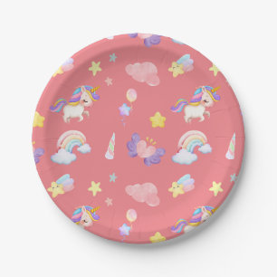 Cute pink sweet unicorn rainbow Balloon Pattern Paper Plate