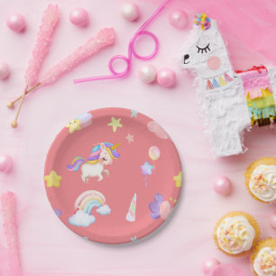 Cute pink sweet unicorn rainbow Balloon Pattern Paper Plate