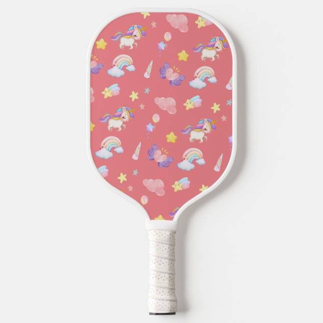 Cute pink sweet unicorn rainbow Balloon Pattern Pickleball Paddle (Front)