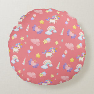 Cute pink sweet unicorn rainbow Balloon Pattern Round Pillow