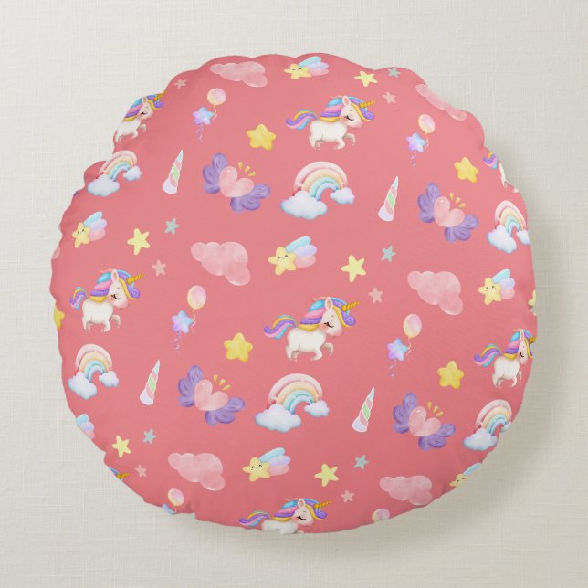 Cute pink sweet unicorn rainbow Balloon Pattern Round Pillow (Front)