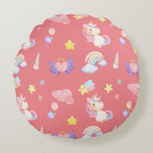 Cute pink sweet unicorn rainbow balloon Pattern Round Pillow