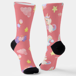 Cute pink sweet unicorn rainbow balloon Pattern  Socks