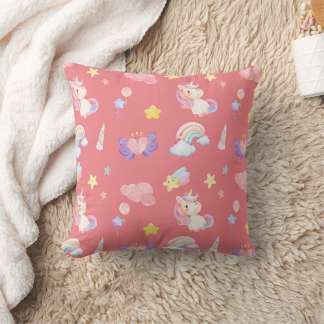 Cute pink sweet unicorn rainbow balloon Pattern  Throw Pillow (Blanket)