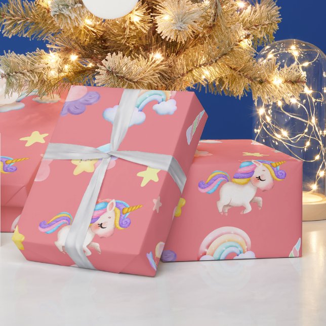 Cute pink sweet unicorn rainbow Balloon Pattern Wrapping Paper (Holidays)