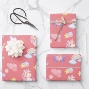 Cute pink sweet unicorn rainbow balloon Pattern Wrapping Paper Sheet