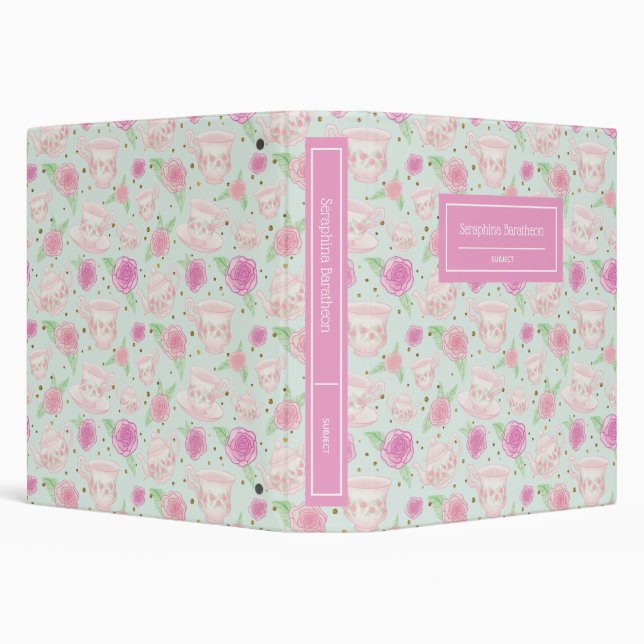 Cute Pink Tea Cups Personalized Name Binder (Background)