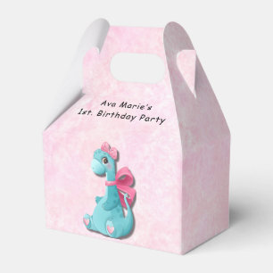 Cute Pink Teal Dino 1st. Birthday Party Favor Box