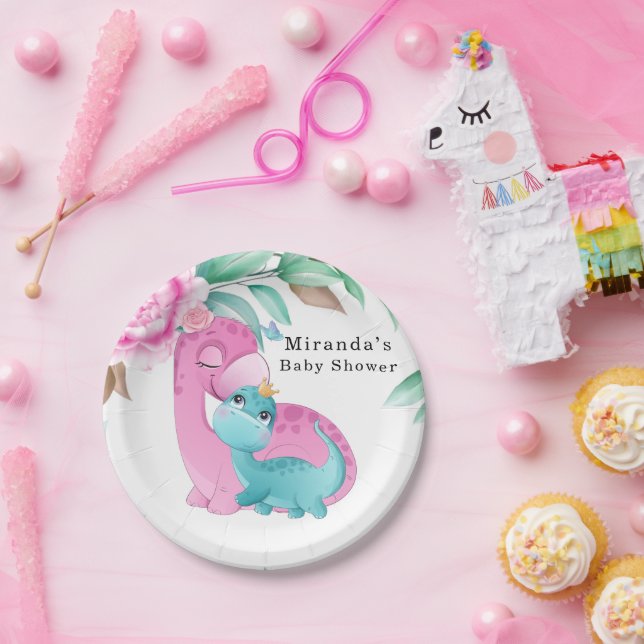 Cute Pink Teal Dinosaurs Peony Baby Girl Shower Paper Plate (Party)