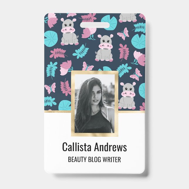 Cute Pink Teal Hippo Floral Butterfly Lily Pad Badge (Front)