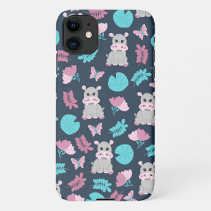 Cute Pink Teal Hippo Floral Butterfly Lily Pad iPhone 11 Case