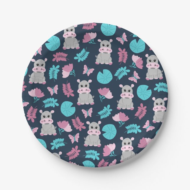 Cute Pink Teal Hippo Floral Butterfly Lily Pad Paper Plate (Front)