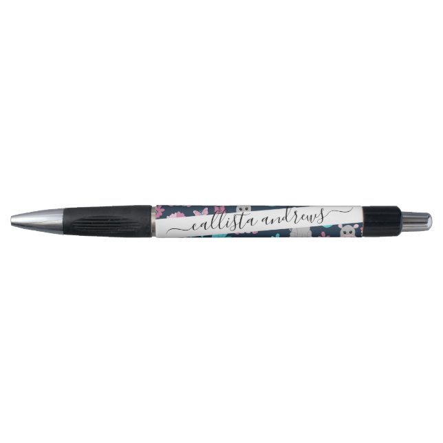 Cute Pink Teal Hippo Floral Butterfly Lily Pad Pen (Front)