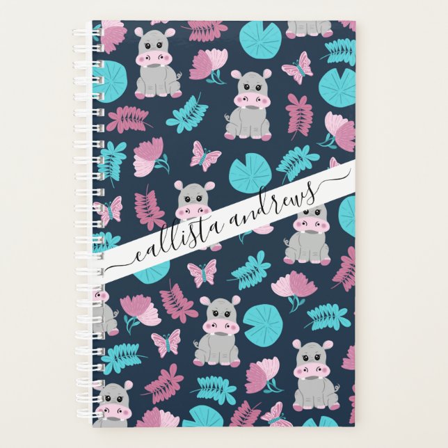 Cute Pink Teal Hippo Floral Butterfly Lily Pad Planner (Front)