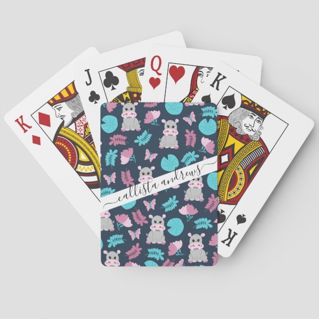 Cute Pink Teal Hippo Floral Butterfly Lily Pad Playing Cards (Back)