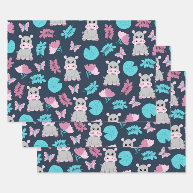 Cute Pink Teal Hippo Floral Butterfly Lily Pad Wrapping Paper Sheet (Set)
