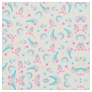 Cute Pink Teal Unicorn Rainbow Floral Stars Fabric