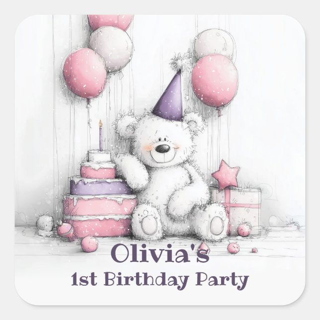 Cute Pink Teddy Bear 1st Birthday Envelope Seal (Front)