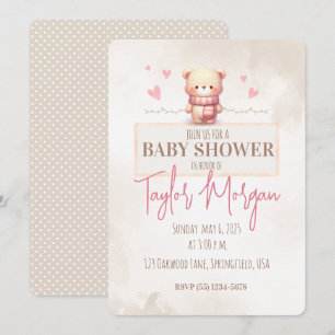 Cute Pink Teddy Bear Baby Shower  Invitation