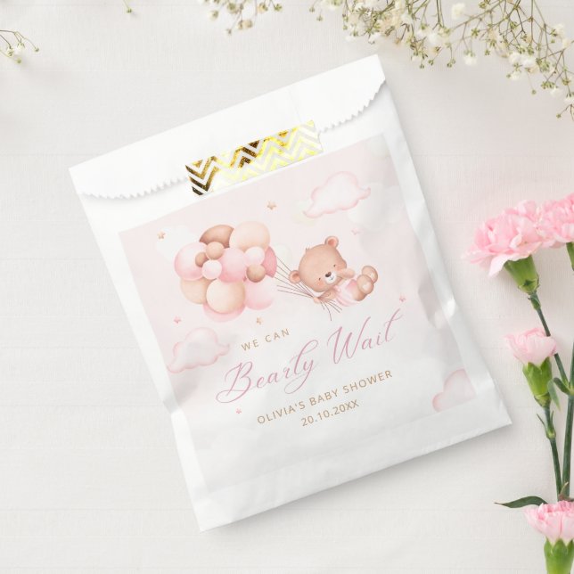 Cute Pink Teddy Bear Balloon Girl Baby Shower Favour Bag (Sealed)
