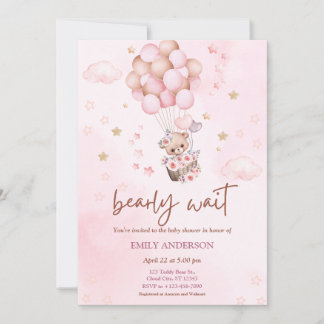 Cute Pink Teddy Bear Balloon Girl Baby Shower Invitation
