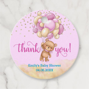 Cute Pink Teddy Bear Balloon Thank You Baby Shower Favour Tags