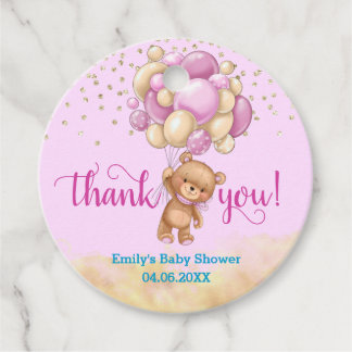 Cute Pink Teddy Bear Balloon Thank You Baby Shower Favour Tags