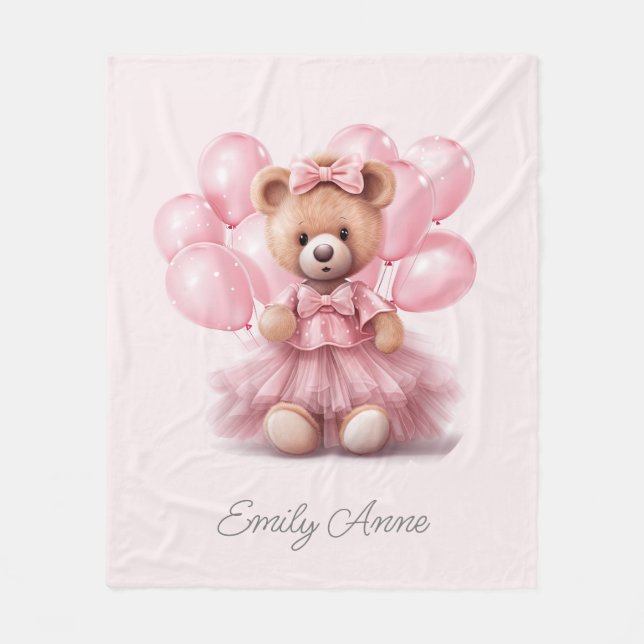 Cute Pink Teddy Bear Balloons Child's Name Fleece Blanket (Front)