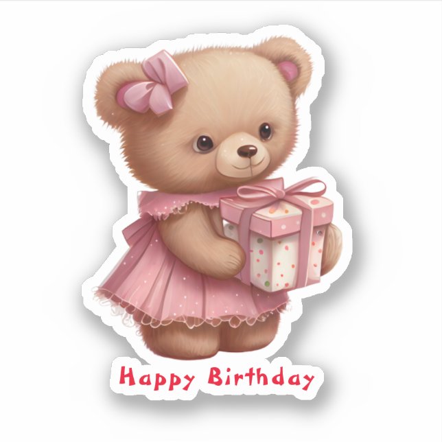 Cute Pink Teddy Bear Birthday Custom Cut Vinyl  (Front)