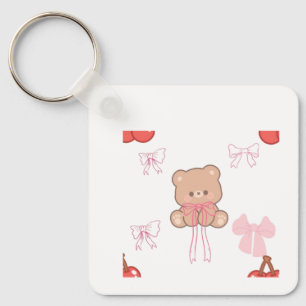Cute Pink Teddy Bear Bow Coquette Pastel Aesthetic Keychain