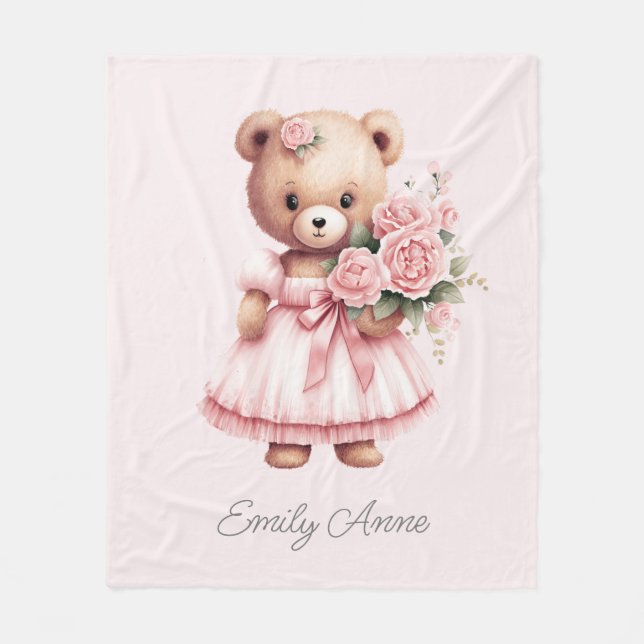Cute Pink Teddy Bear Flowers Child's Name Fleece Blanket (Front)