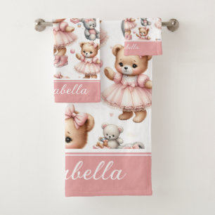 Cute Pink Teddy Bear Girly Personized Bath Towel Set