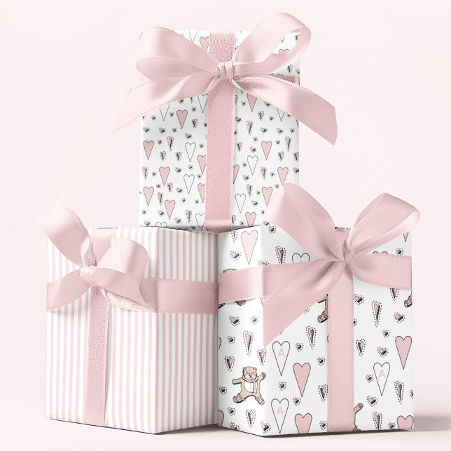 Cute Pink Teddy Bear & Heart Baby Girl Initial Wrapping Paper Sheet (Cute Teddy Bears, Pink Hearts and Pink & White Striped Gift Wrap for New Baby Girl or Baby Shower)