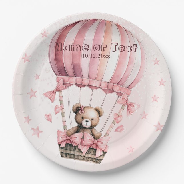 Cute Pink Teddy Bear Hot Air Balloon Party Paper Plate (Front)