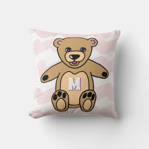 Cute Pink Teddy Bear Pattern Monogram Throw Pillow