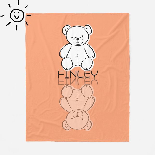 Cute Pink Teddy Bear Reflection Doodle Custom Name Fleece Blanket (Creator Uploaded)