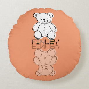 Cute Pink Teddy Bear Reflection Doodle Custom Name Round Pillow