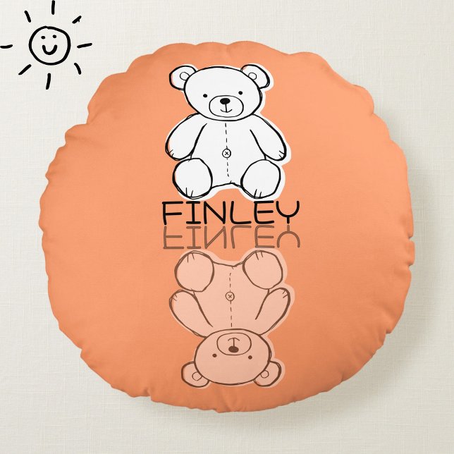 Cute Pink Teddy Bear Reflection Doodle Custom Name Round Pillow (Creator Uploaded)