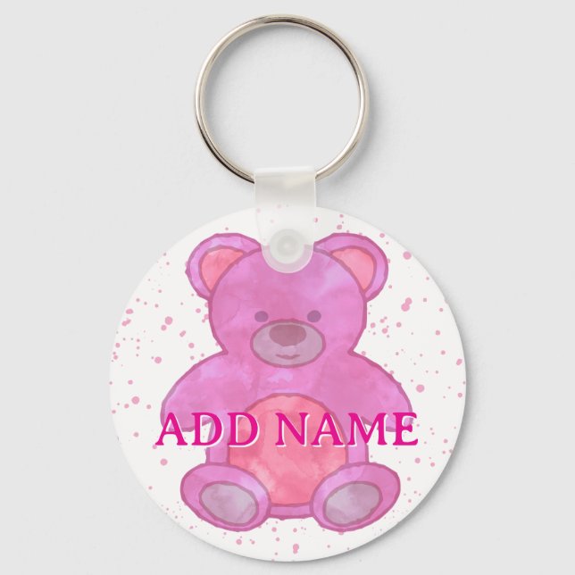 Cute Pink Teddy Bear Watercolor Custom Name Keychain (Front)